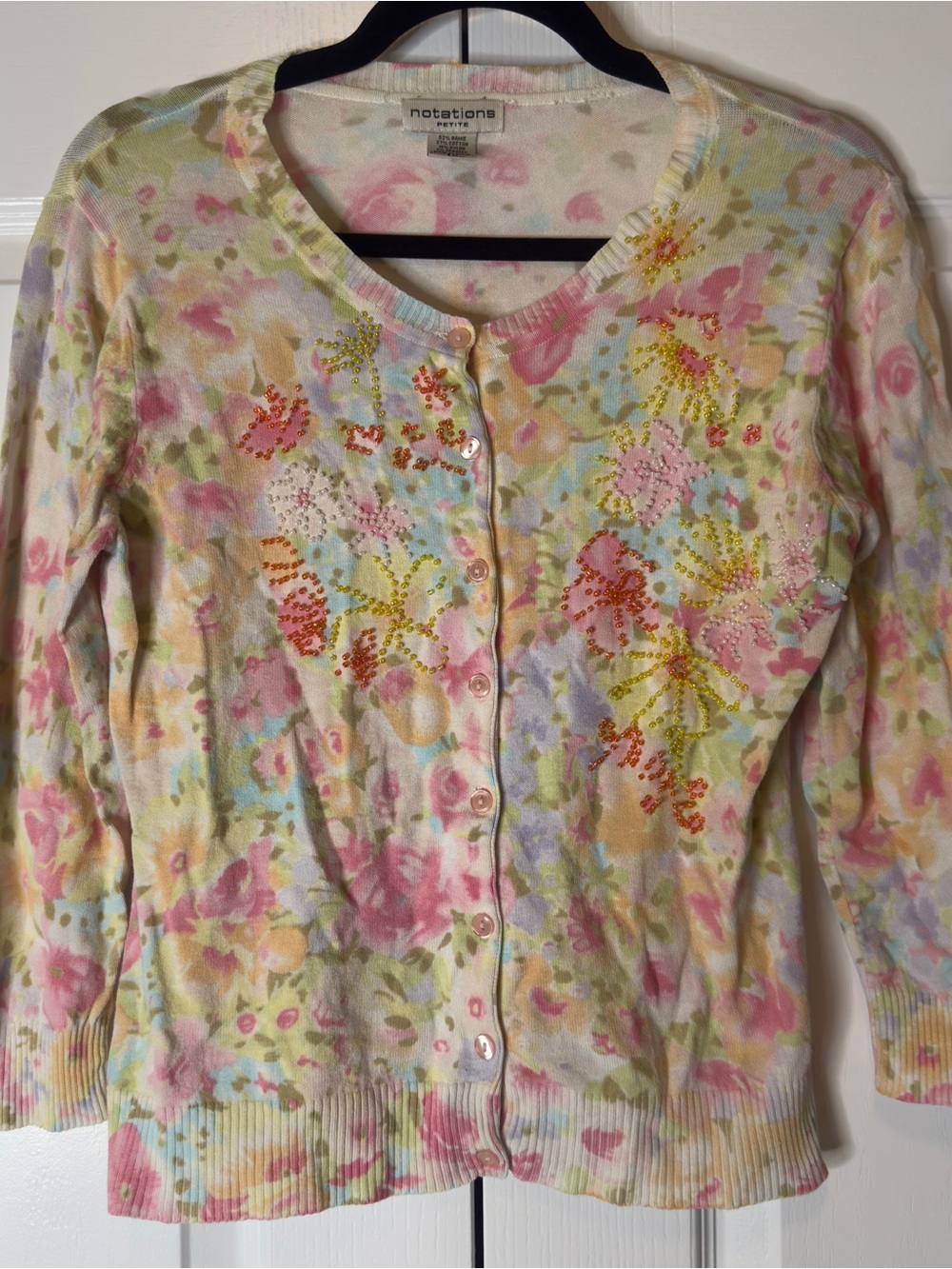 Notations Petite Floral Beaded Cardigan Sweater PM Ramie Blend Cottagecore